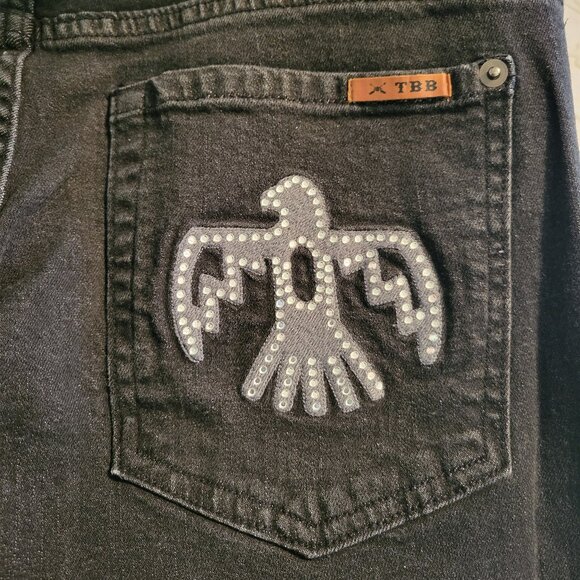 RARE TBB Thunderbird Black Denim Rhinestone Bird Pockets Flared Jeans Size 29L - Picture 4 of 8